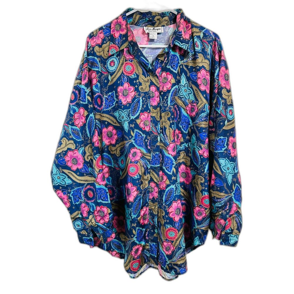 Jeri Marque BOHO Plus Size Vintage Long Sleeve Floral Silk Blouse, Size 1X